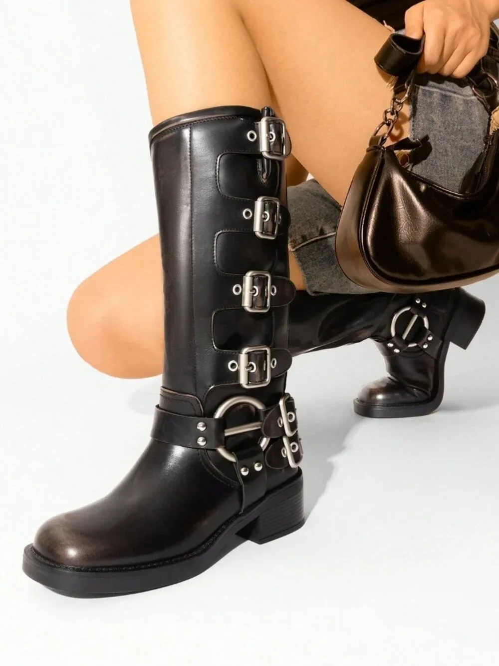 Sexy Women's Slip On Square Toe Chunky Heel Classic Metallic Buckles Motorcycle